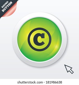 Copyright sign icon. Copyright button. Green shiny button. Modern UI website button with mouse cursor pointer. Vector