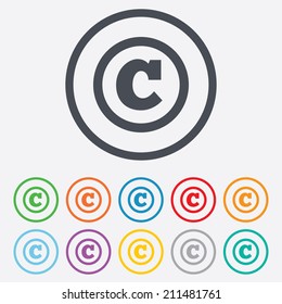 Copyright sign icon. Copyright button. Round circle buttons with frame. Vector