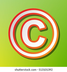 Copyright sign illustration. Contrast icon with reddish stroke on green background.