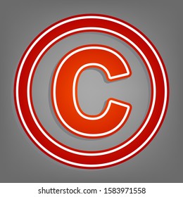 Copyright sign illustration. Flat red icon with linear white icon with gray shadow at grayish background. Illustration.