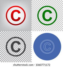 Copyright sign illustration. Vector. 4 styles. Red gradient in radial lighted background, green flat and gray scribble icons on transparent and linear one in blue circle.