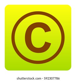 Copyright sign illustration. Vector. Brown icon at green-yellow gradient square with rounded corners on white background. Isolated.