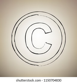 Copyright sign illustration. Vector. Brush drawed black icon at light brown background.