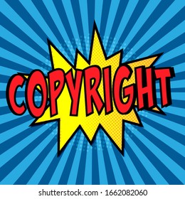 Ilustración del signo de derechos de autor. Vector. Icono de estilo de historietas en fondo pop-art.