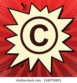 Copyright sign illustration. Vector. Dark red icon in lemon chiffon shutter bubble at red popart background with rays.