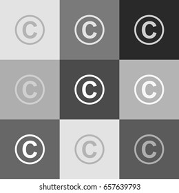 Copyright sign illustration. Vector. Grayscale version of Popart-style icon.