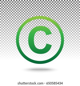 Copyright sign illustration. Vector. Green gradient icon with shadow at bottom on transparent and white background.