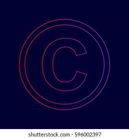 Copyright sign illustration. Vector. Line icon with gradient from red to violet colors on dark blue background.