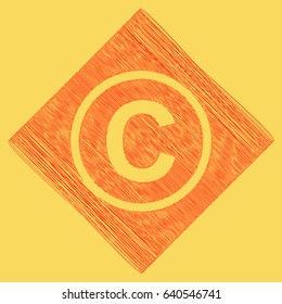 Copyright sign illustration. Vector. Red scribble icon obtained as a result of subtraction rhomb and path. Royal yellow background.