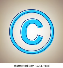 Copyright sign illustration. Vector. Sky blue icon with defected blue contour on beige background.