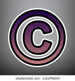 Copyright sign illustration. Vector. Violet gradient icon with black and white linear edges at gray background.