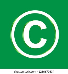Copyright sign illustration. Vector. White flat icon with yellow striped shadow at green background.