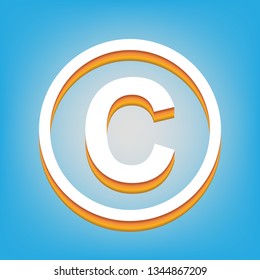 Copyright sign illustration. Vector. White icon with 3d warm-colored gradient body at sky blue background.