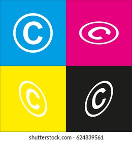 Copyright sign illustration. Vector. White icon with isometric projections on cyan, magenta, yellow and black backgrounds.