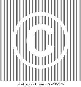 Copyright sign illustration. Vector. White icon on grayish striped background. Optical illusion.