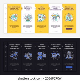 Copyright specificity onboarding vector template. Responsive mobile website with icons. Web page walkthrough 5 step screens. Teaching, research night and day mode concept with linear illustrations