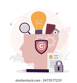 Copyright symbol on author human head and various media content under protection. Concept of intellectual property, copyright, authorship rights. Protecting patent or license. flat vector illustration