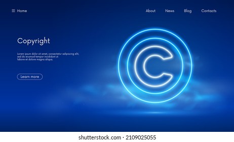 Copyright symbol, protection of intellectual property and rights, futuristic technology with blue neon glow in the smoke, vector business background