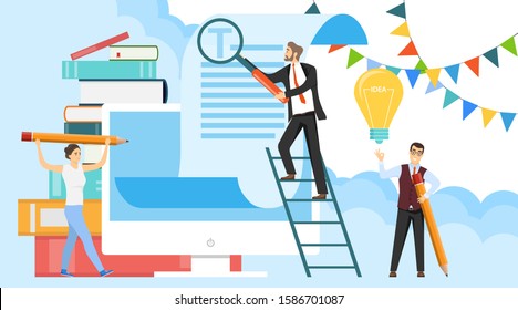 Copyright text. Mini characters of people print and edit text. People check the text for errors. Vector illustration. Vector.
