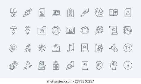 Copyright thin line icons set vector illustration. Outline black symbols of patents and intellectual property protection law and rights, license and trademark of brand, original information guarantee