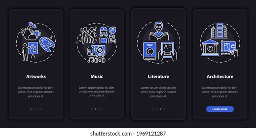 Copyright things onboarding mobile app page screen with concepts. Artwork, musical recordings walkthrough 4 steps graphic instructions. UI, UX, GUI vector template with linear night mode illustrations