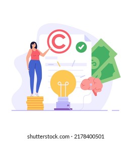 Copyright Vector Illustration. Concept Of Intellectual Property, Copyright, Authorship Rights. Woman Protecting Data License. Vector Illustration In Flat Cartoon Design For Web Banner, UI