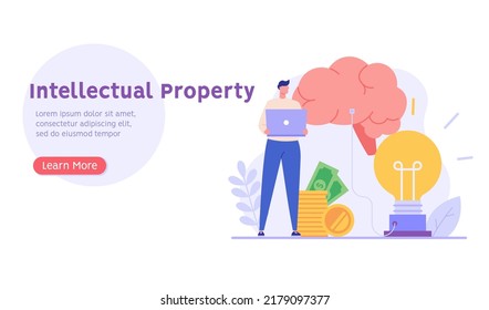 Copyright vector illustration. Concept of intellectual property, copyright, authorship rights. Man protecting data license. Vector illustration in flat cartoon design for web banner, UI