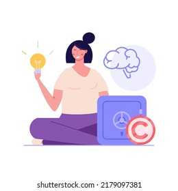 Ilustración del vector de derechos de autor. Concepto de propiedad intelectual, derechos de autor, derechos de autor. Mujer protegiendo licencia de datos. Ilustración vectorial en diseño de dibujos animados planos para banner web, interfaz de usuario