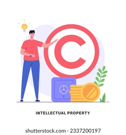 Copyright vector illustration. Concept of intellectual property, copyright, authorship rights. Man protecting data license. Vector illustration in flat cartoon design for web banner, UI