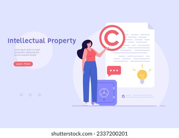 Copyright vector illustration. Concept of intellectual property, copyright, authorship rights. Woman protecting data license. Vector illustration in flat cartoon design for web banner, UI