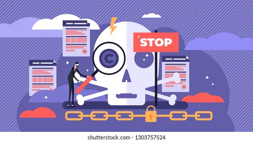 Copyright vector illustration. Flat tiny legal author work persons concept. Intellectual property patent protection sign. Creative ownership against piracy crime. Stop plagiarism and warning sign.