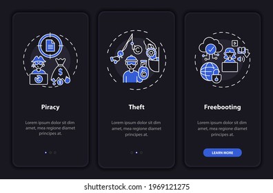 Copyright violation types onboarding mobile app page screen with concepts. Piracy, copying walkthrough 3 steps graphic instructions. UI, UX, GUI vector template with linear night mode illustrations