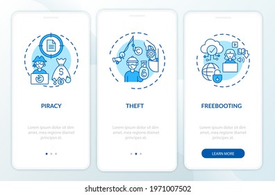 Copyright violation types onboarding mobile app page screen with concepts. Piracy, stealing walkthrough 3 steps graphic instructions. UI, UX, GUI vector template with linear color illustrations