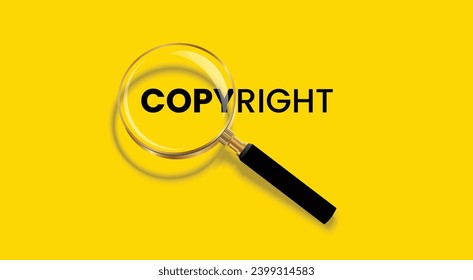 Copyright word with magnifying glass poster concept design, isolated on yellow background.