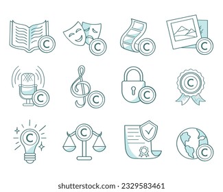 Copyright for works of art, literature, cinema, music, podcasts. The law protects intellectual property. Vector doodle set of icons.