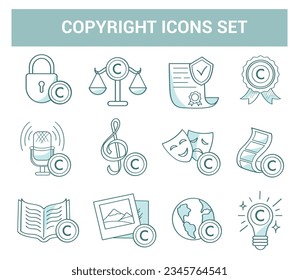 Copyright for works of art, literature, cinema, music, podcasts. The law protects intellectual property. Vector doodle set of icons.