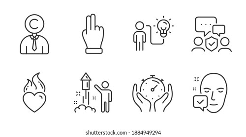 Copyrighter, Business idea and Click hand line icons set. Face accepted, Timer and Fireworks signs. Security agency, Heart flame symbols. Writer person, Work planning, Direction finger. Vector