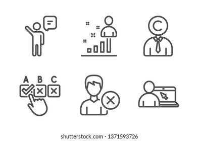 Copyrighter, Correct checkbox and Remove account icons simple set. Agent, Stats and Online education signs. Writer person, Answer. People set. Line copyrighter icon. Editable stroke. Vector