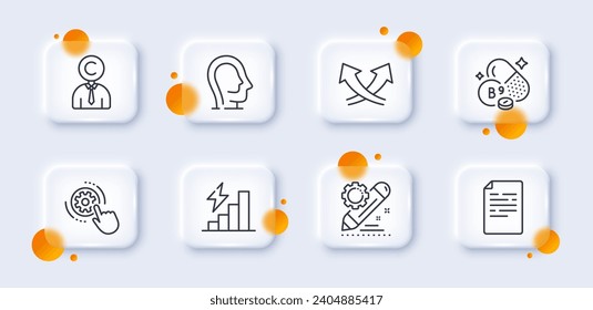 Copyrighter, Document and Psychology line icons pack. 3d glass buttons with blurred circles. Cogwheel settings, Consumption growth, Project edit web icon. Vector