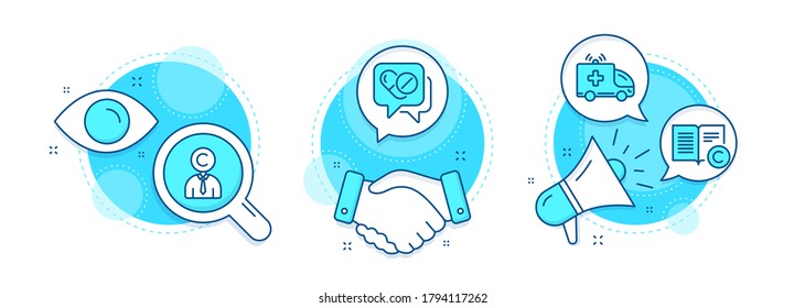 Copyrighter, Medical drugs and Copyright line icons set. Handshake deal, research and promotion complex icons. Ambulance car sign. Writer person, Medicine pills, Copywriting book. Vector