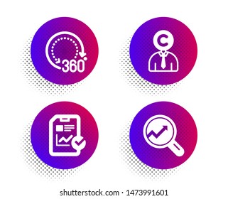 Copyrighter, Report checklist and 360 degrees icons simple set. Halftone dots button. Analytics sign. Writer person, Sales growth file, Panoramic view. Audit analysis. Science set. Vector