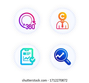 Copyrighter, Report checklist and 360 degrees icons simple set. Button with halftone dots. Analytics sign. Writer person, Sales growth file, Panoramic view. Audit analysis. Science set. Vector
