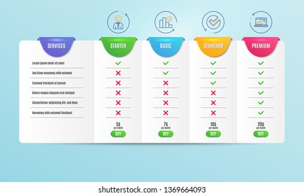 Copyrighter, Verify and Decreasing graph icons simple set. Comparison table. Graph laptop sign. Writer person, Selected choice, Crisis chart. Mobile report. Science set. Pricing plan. Vector