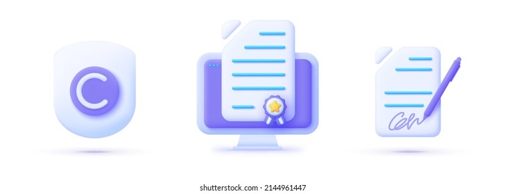 Copyrighting in 3d style on white background. Vector certificate icon. Realistic 3d symbol. Creative concept. Vector set illustration