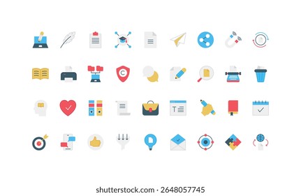 Direitos autorais, ferramentas de copywriters e habilidades para a criação de conteúdo de autores, conjunto de ícones de cor patente. Texto do artigo, campanha de marketing, mensagens diretas e bolhas de fala de bate-papo ilustração vetor plana