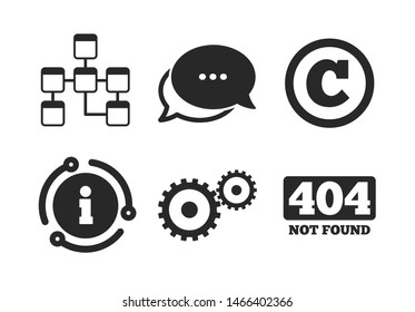Copyrights and gear signs. Chat, info sign. Website database icon. 404 page not found symbol. Under construction. Classic style speech bubble icon. Vector