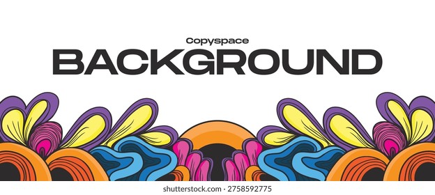 Copyspace background with vibrant floral patterns above black text for abstract design. Suitable for backgrounds, posters, flyers, and presentations.