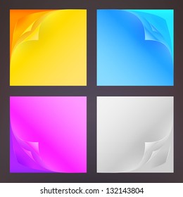 Copyspace post-it square note sheets with bend corners, eps10 vector illustration, set of four glossy and cmyk colored