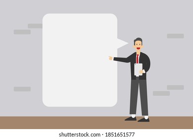 Copyspace vector concept: Businessman wearing facemask holding a digital tablet standing next to a blank text bubble for your text