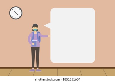 Copyspace vector concept: Female student with backpack wearing facemask holding a book standing next to a blank text bubble for your text